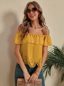 SHEIN Clasi Blusa Recortada Con Láser Y Hombros Descubiertos - Amarillo - Ver 4