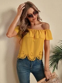 SHEIN Clasi Blusa Recortada Con Láser Y Hombros Descubiertos - Amarillo - Ver 5