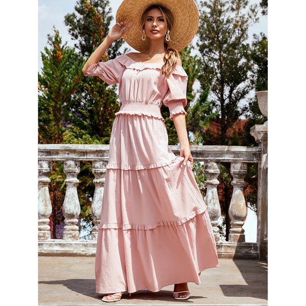 

Ruffle Trim Bardot Layered Dress, Baby pink