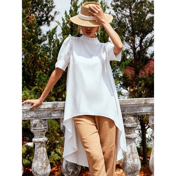 

Stand Collar Puff Sleeve High Low Blouse, White