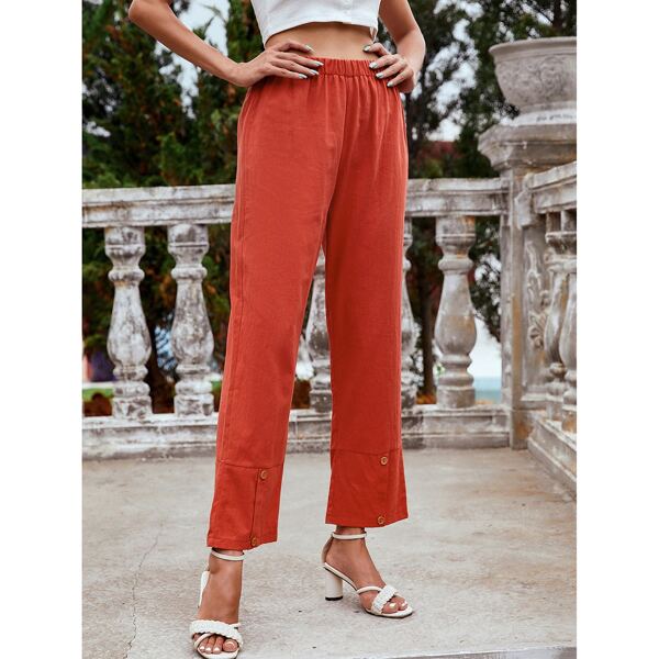 

Solid Button Detail Straight Leg Pants, Red