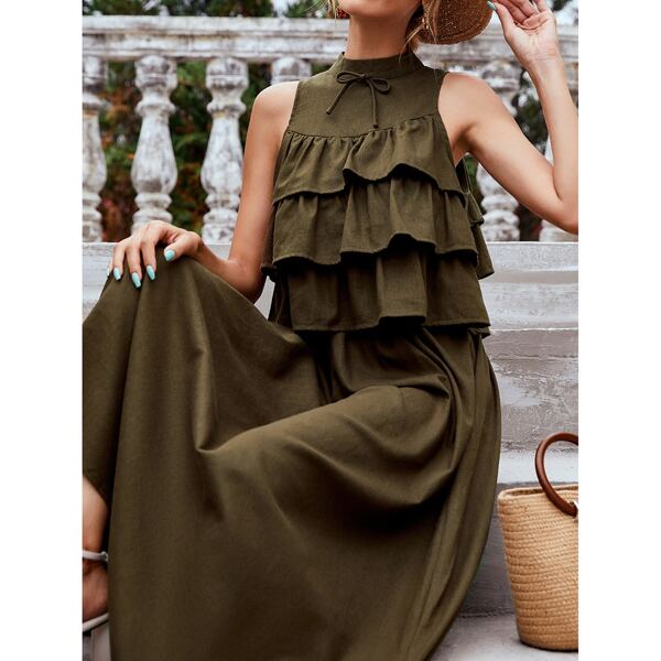 

Layered Ruffle Stand Collar Top & Skirt, Army green