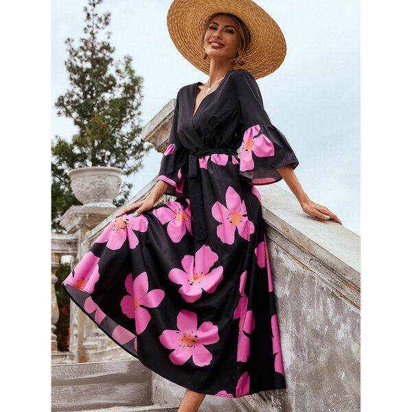 

Large Floral Print Surplice Neck Flounce Sleeve Belted Dress, Black