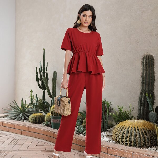 

Solid Ruffle Hem Top With Pants, Red