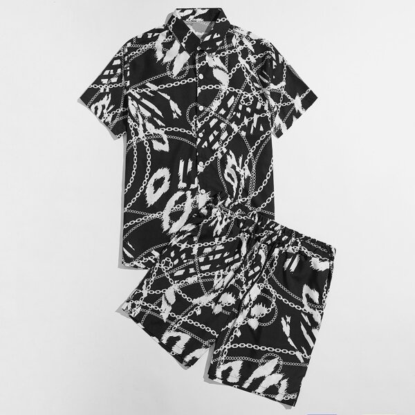 

Men Chain Print Shirt & Shorts, Black