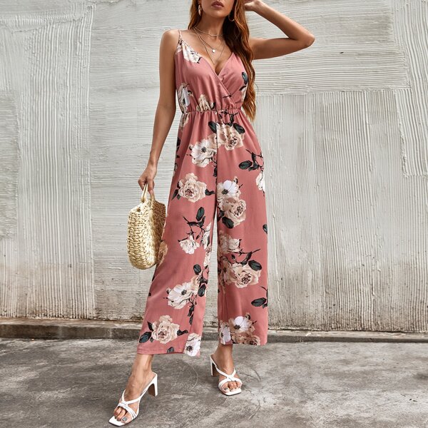 

Allover Floral Wrap Cami Jumpsuit, Dusty pink