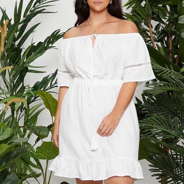 

Plus Tassel Tie Front Off Shoulder Ruffle Hem Dress, White