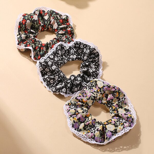 

3pcs Flower Print Scrunchie, Multicolor