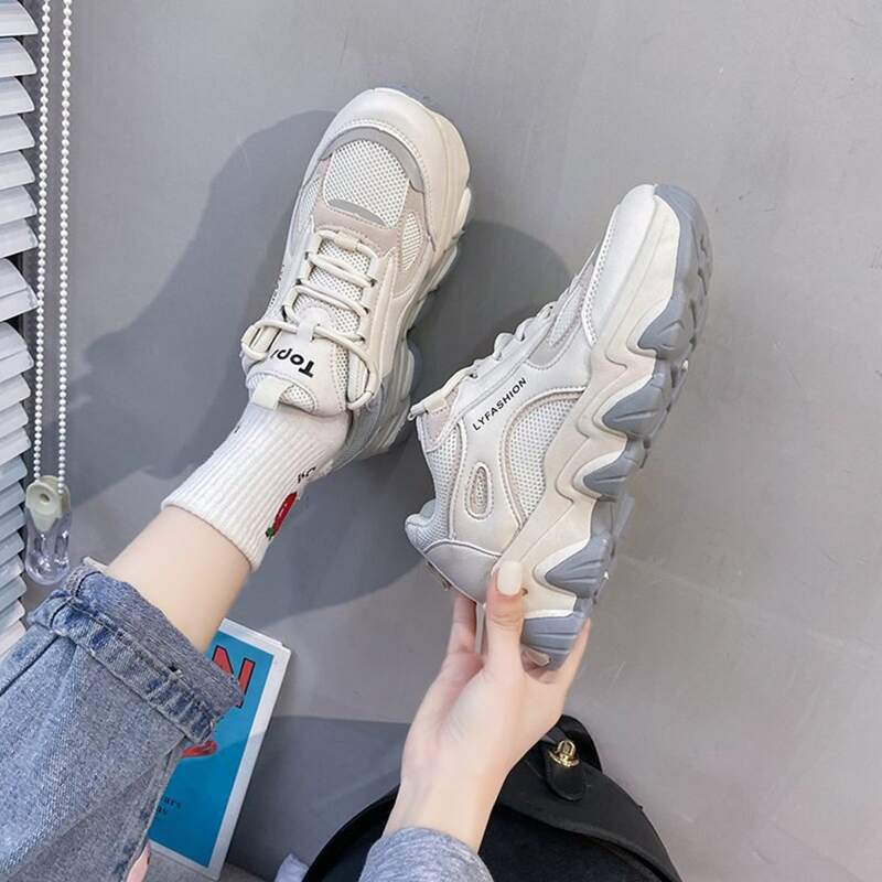 

Lace-up Mesh Chunky Sneakers, Beige