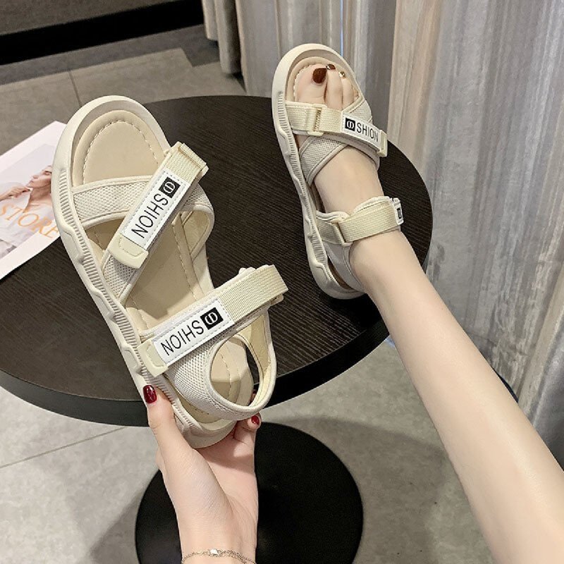

Letter Velcro Strap Sport Sandals, Beige