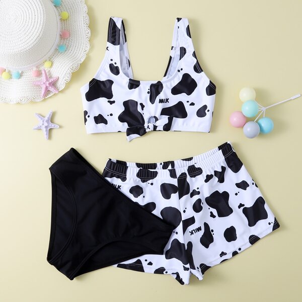 

3pack Girls Cow Print Knot Hem Bikini Swimsuit, Black and white