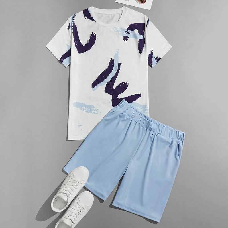 

Guys Graphic Print Tee With Slant Pocket Track Shorts, Blue and white