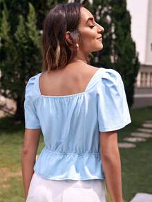泡泡袖方領繫帶荷葉邊下擺上衣 - 淺藍色 - 查看 2