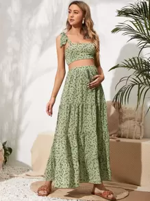 SHEIN Maternity Ditsy Floral Knot Shoulder Crop Cami Top & Skirt Set - Multicolor - View 1