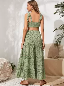 SHEIN Maternity Ditsy Floral Knot Shoulder Crop Cami Top & Skirt Set - Multicolor - View 2