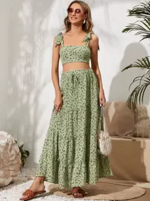 SHEIN Maternity Ditsy Floral Knot Shoulder Crop Cami Top & Skirt Set - Multicolor - View 5