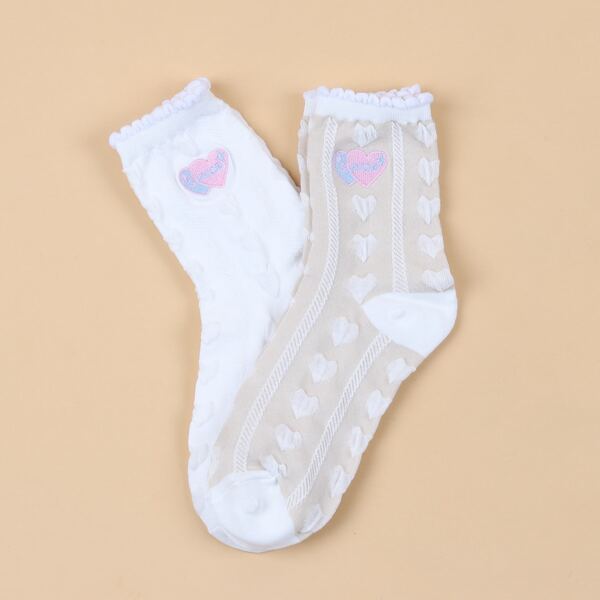 

2pairs Heart Embroidered Socks, Multicolor