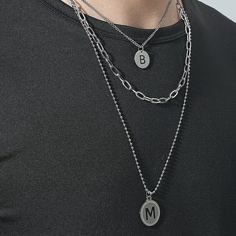 

Guys Round Charm Layered Necklace, Silver