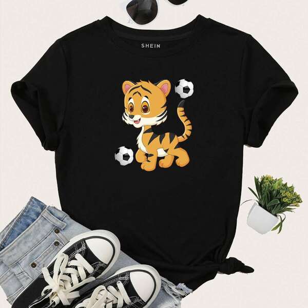 

Cartoon Tiger & Ball Print Tee, Black