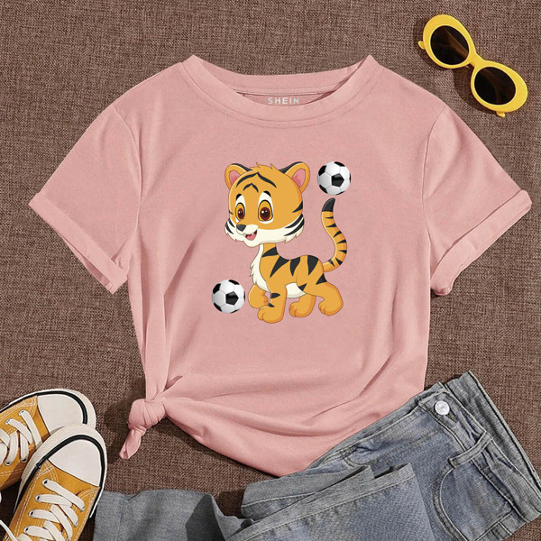 

Cartoon Tiger & Ball Print Tee, Dusty pink