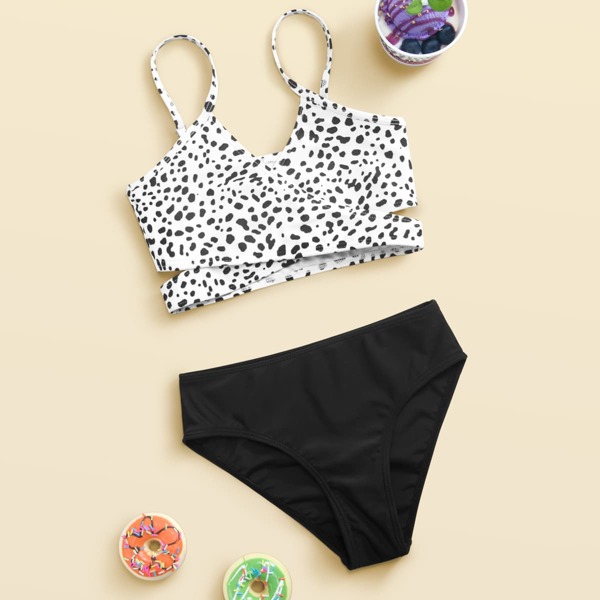 

Girls Dalmatian Criss Cross Bikini Swimsuit, Black and white