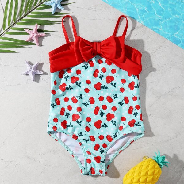 

Toddler Girls Fruit Print Bow Front One Piece Swimsuit, Red