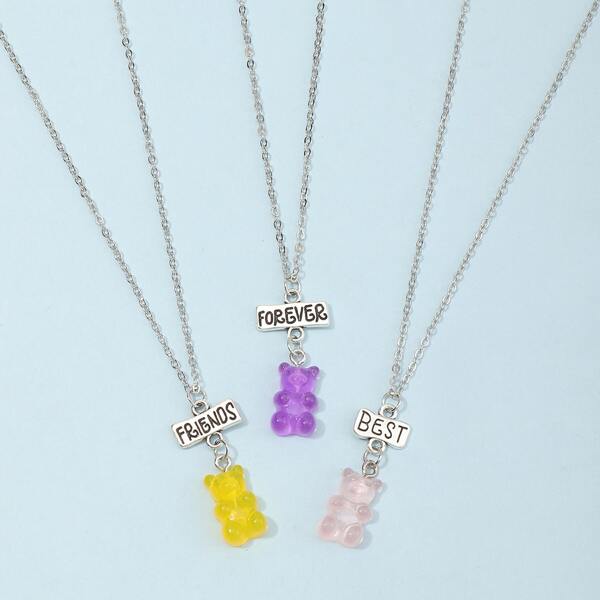

3pcs Girls Bear Charm Necklace, Multicolor