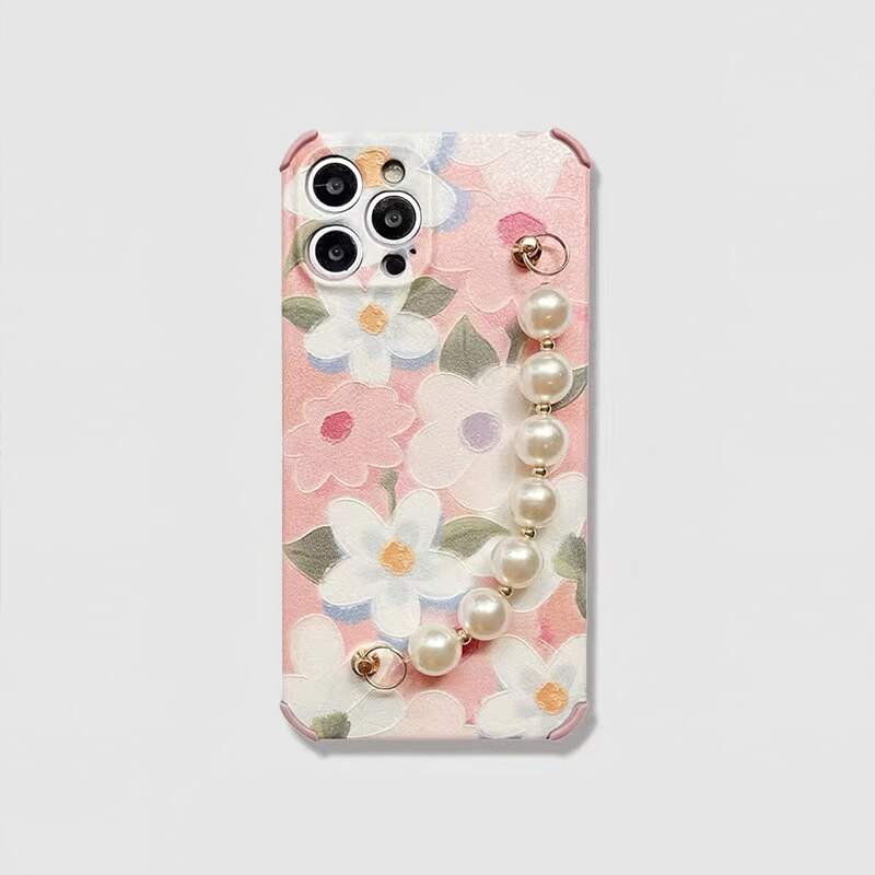 

Floral Print Faux Pearl Beaded Hand Strap Phone Case, Multicolor