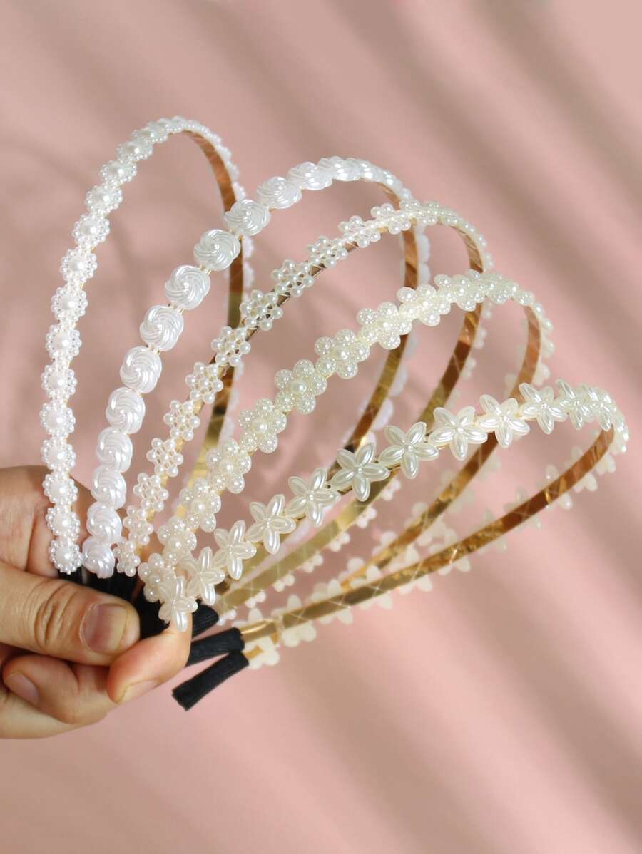 5pcs Rhinestone & Faux Pearl Decor Hairbands - White - View 1