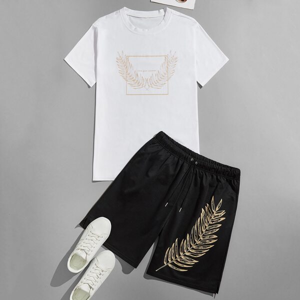 

Men Plants Print Tee & Drawstring Shorts, Black and white