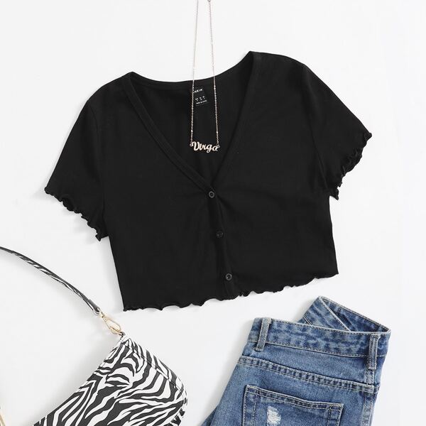 

Lettuce Trim Button Front Tee, Black