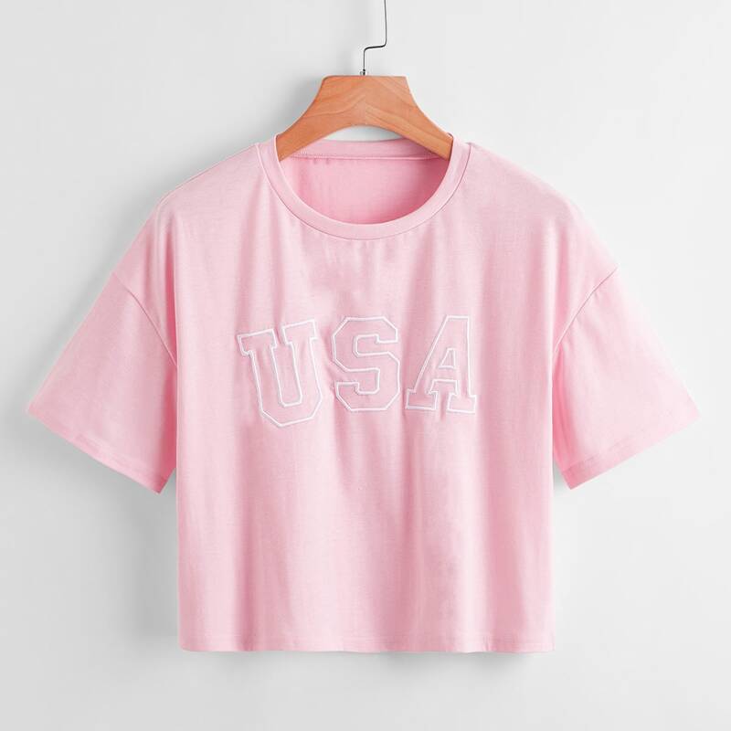 

Letter Embroidery Tee, Baby pink