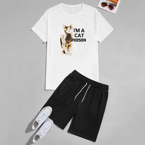 

Men Cat & Slogan Graphic Tee & Track Shorts, Black and white