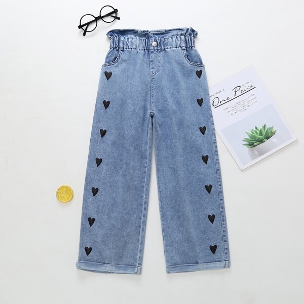 

Girls Heart Print Wide Leg Jeans, Light wash