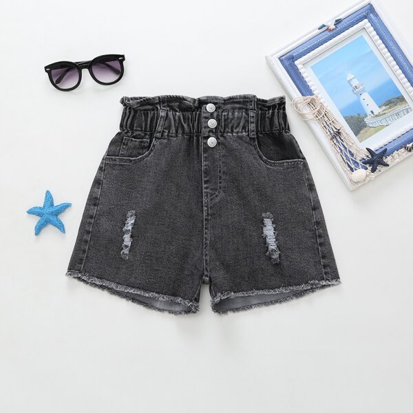

Girls Raw Hem Ripped Denim Shorts, Black