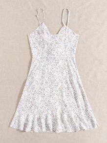 SHEIN Ditsy Floral Ruffle Wrap Belted Slip Dress - White - View 2