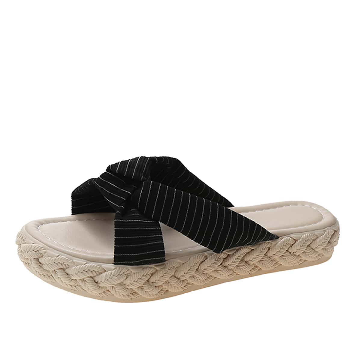 

Striped Knot Strap Slide Sandals, Black