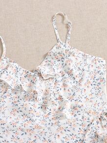 SHEIN Ditsy Floral Ruffle Wrap Belted Slip Dress - White - View 4