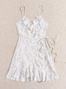 SHEIN Ditsy Floral Ruffle Wrap Belted Slip Dress - White - View 5