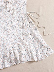 SHEIN Ditsy Floral Ruffle Wrap Belted Slip Dress - White - View 6