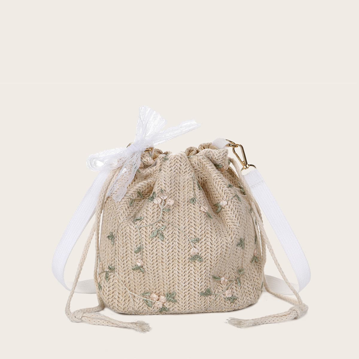 

Floral Embroidery Straw Bucket Bag, Khaki
