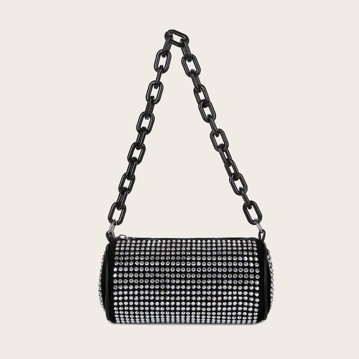 

Rhinestone Chain Baguette Bag, Black