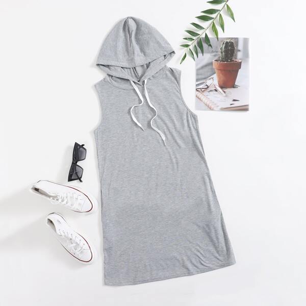 

Solid Drawstring Hooded Dress, Light grey