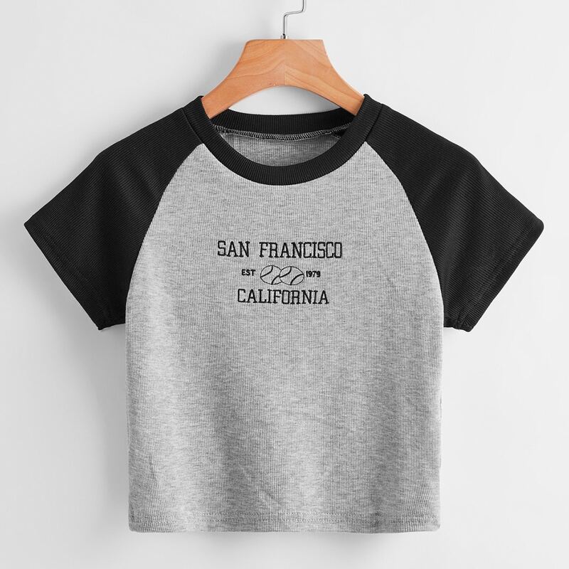 

Letter Embroidery Colorblock Ribbed Tee, Multicolor