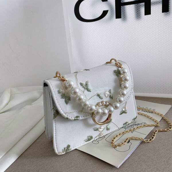 

Faux Pearl Decor Floral Embroidery Satchel Bag, White