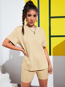 SHEIN EZwear Drop Shoulder Solid Tee & Cycling Shorts Set - Apricot - View 1