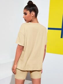 SHEIN EZwear Drop Shoulder Solid Tee & Cycling Shorts Set - Apricot - View 2