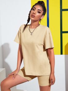 SHEIN EZwear Drop Shoulder Solid Tee & Cycling Shorts Set - Apricot - View 5