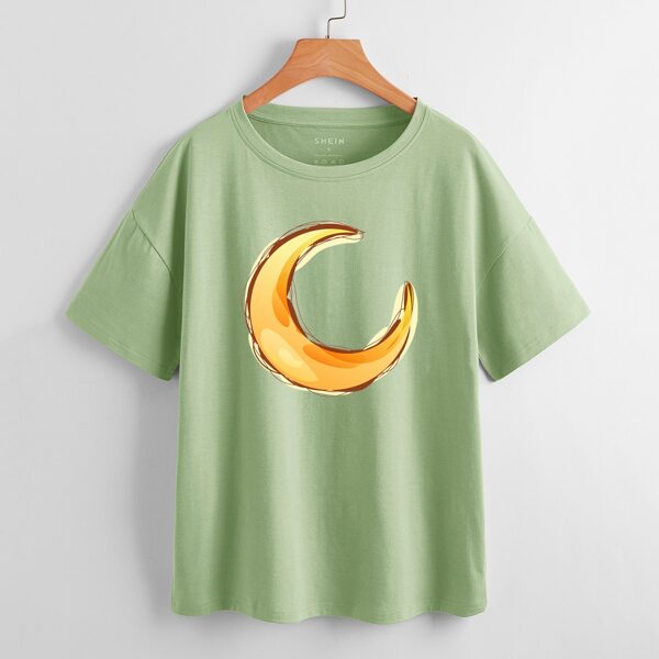 

Moon Print Drop Shoulder Tee, Green