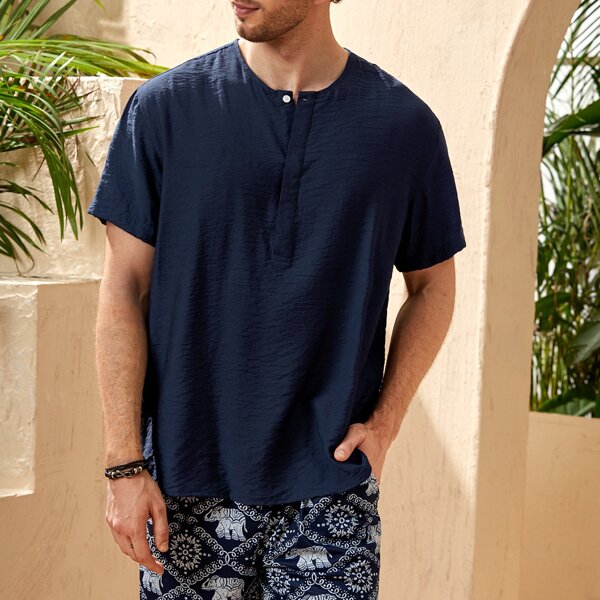 

Men Solid Half Button Shirt, Navy blue